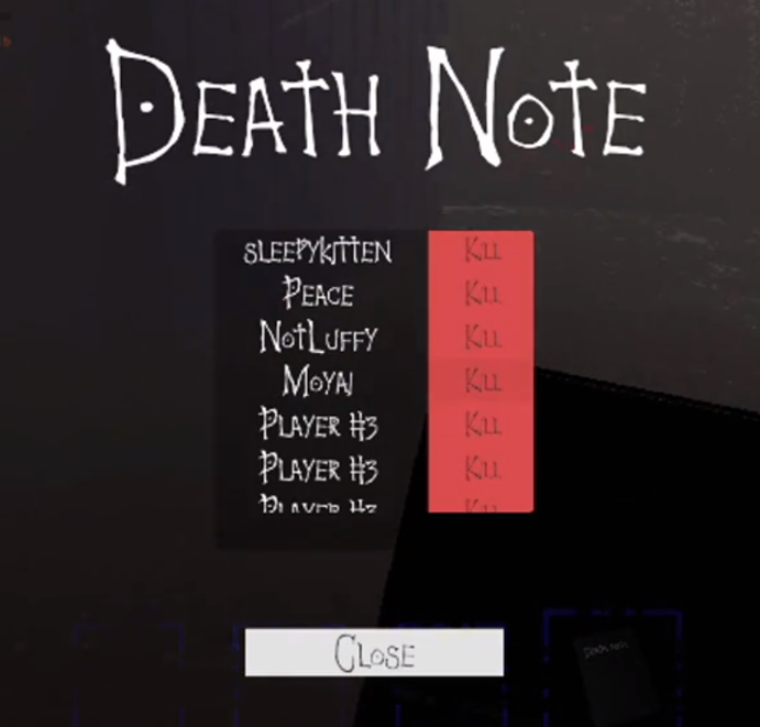 Death Note custom UI in ChillaxSCRAPS showing player target list