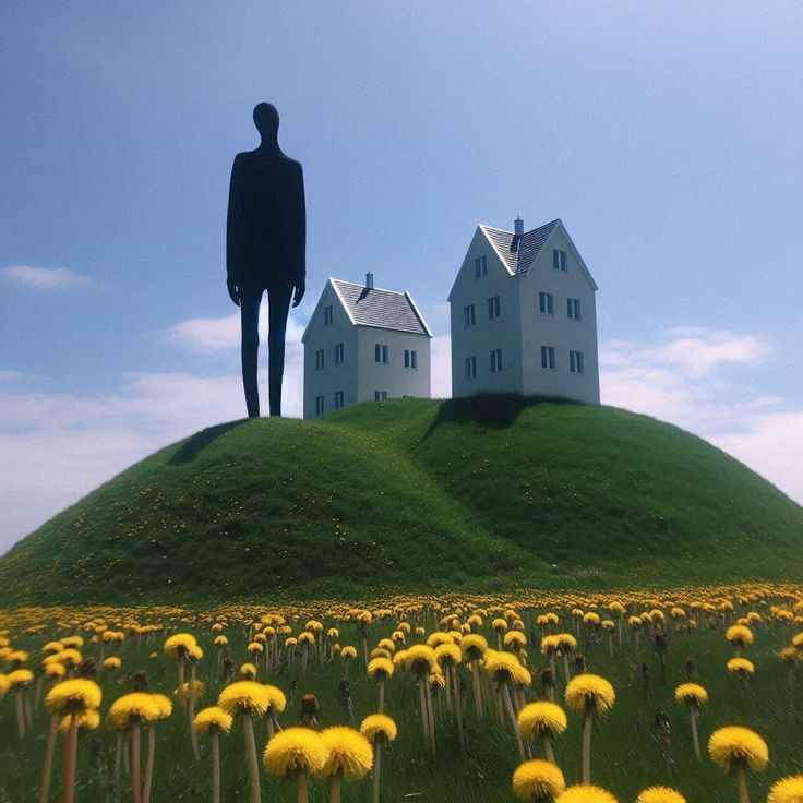 Reference of surreal hills with houses and dark figure