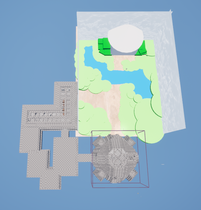 Top middle room merged with surrounding level spaces