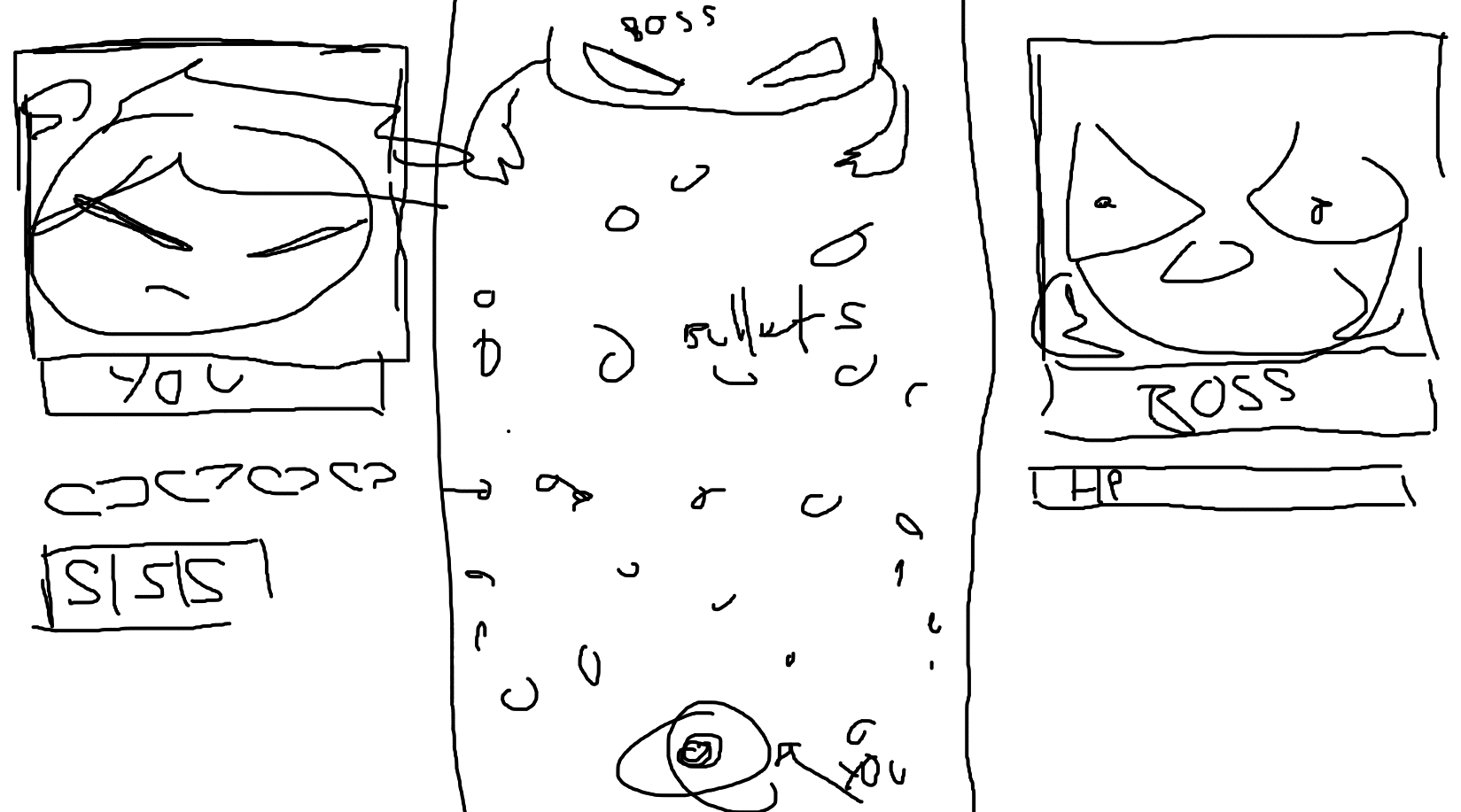 Wireframe sketch of boss positioning and bullet density for Cosmic YenJai